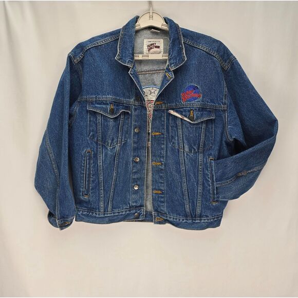 Unisex Vintage 90s Planet Hollywood Blue Jean Denim Jacket SZ MED Washington, DC - Picture 2 of 14